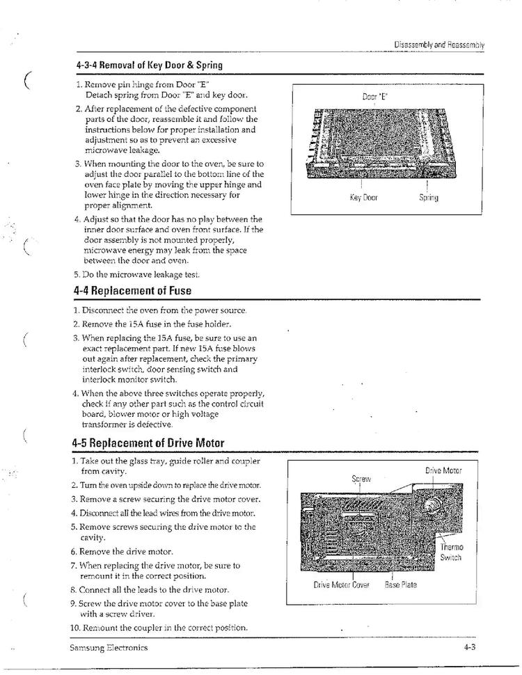Door Removal/fuse Replacement/drive Diagram and Parts List for MW4371G XAA Samsung Microwave