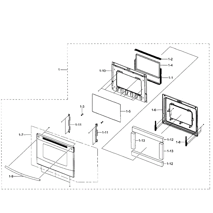 Door Assembly Diagram and Parts List for NE597N0PBSR AA-02 Samsung Range