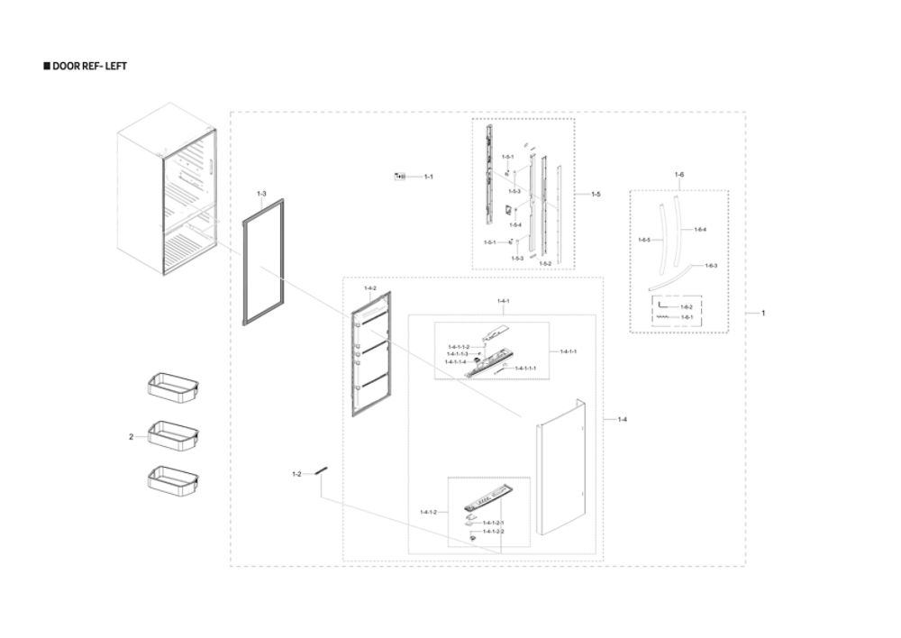 Left Refrigerator Door Parts Diagram and Parts List for RF262BEAESR AA-00 Samsung Refrigerator