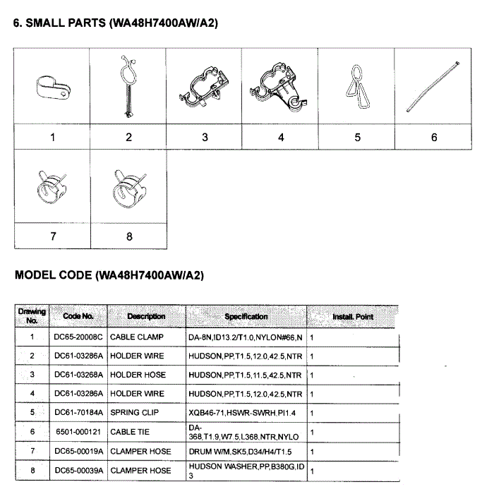 Small Diagram and Parts List for WA48H7400AW A2-00 Samsung Washer