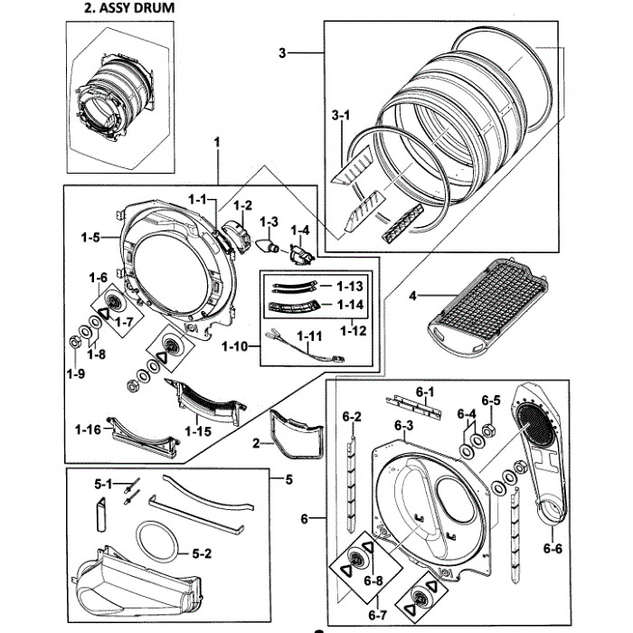 Drum Assembly Diagram and Parts List for DV328AEW XAA-00 Samsung Dryer