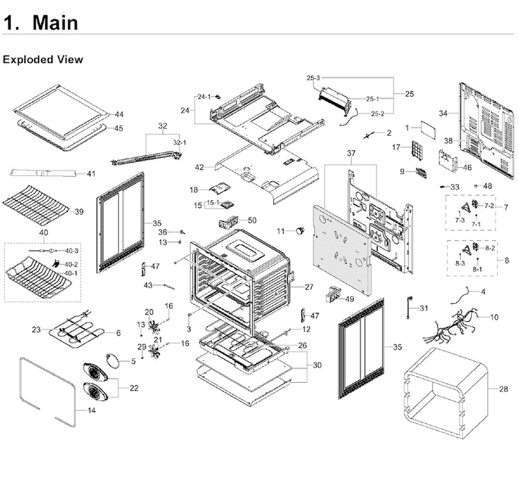 Main Asy Diagram and Parts List for NE58K9500SG AA-0001 Samsung Range