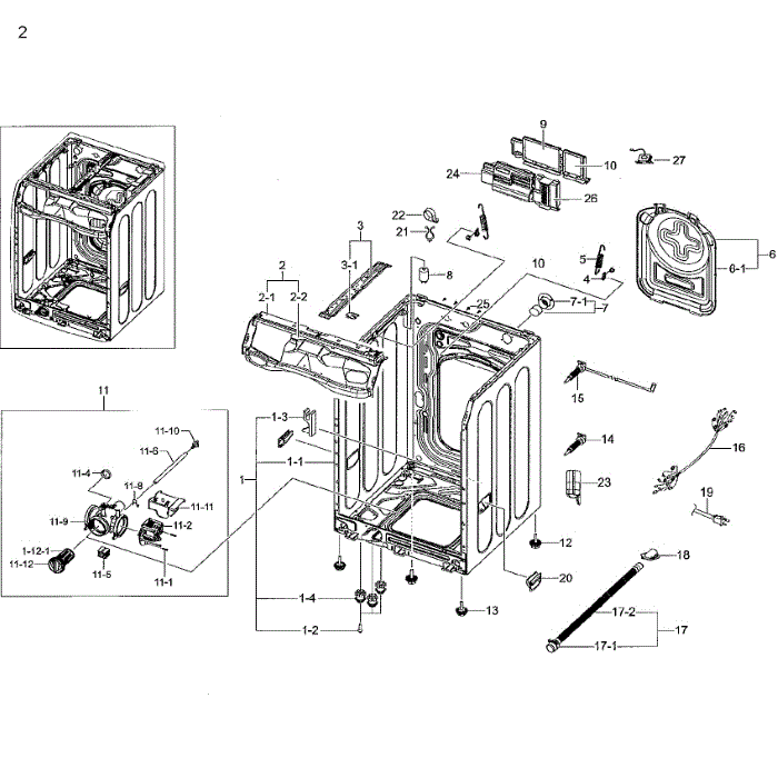 Frame And Cover Diagram and Parts List for WF42H5200AF A2-01 Samsung Washer