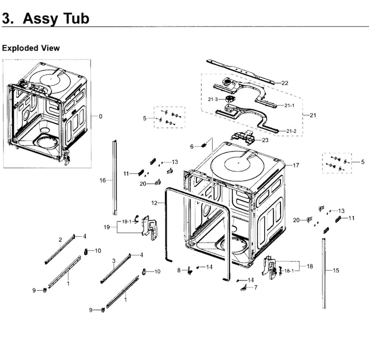 Tub Diagram and Parts List for DW80K7050US AA-0000 Samsung Dishwasher