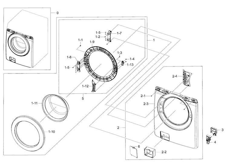 Frame Front & Door Diagram and Parts List for WF36J4000AW A2-0000 Samsung Washer