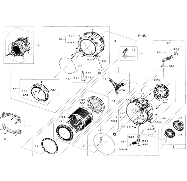Tub/drum Section Diagram and Parts List for WF45H6100AP A2-0001 Samsung Washer