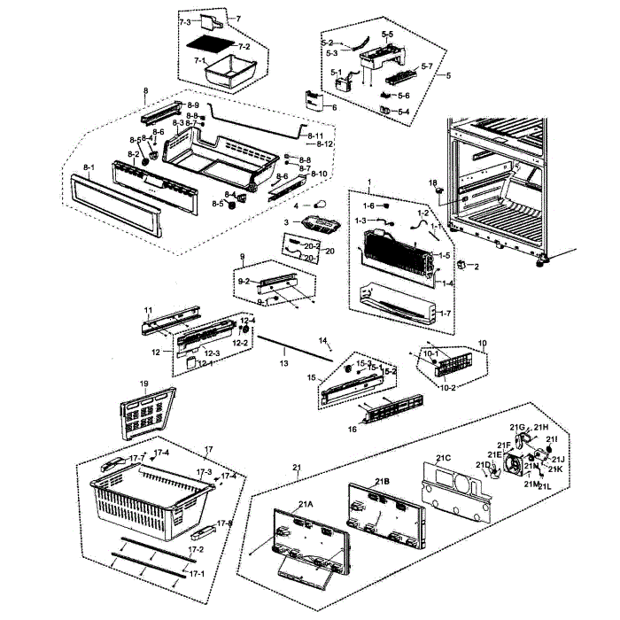 Freezer Assembly Diagram and Parts List for RF266AEWP XAA-00 Samsung Refrigerator