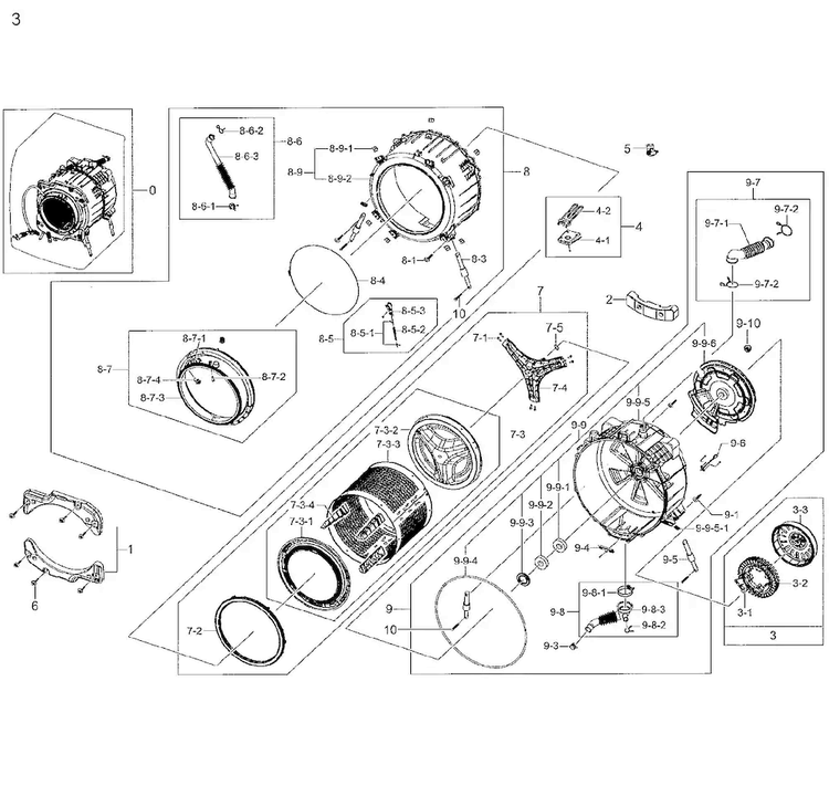 Tub & Drum Diagram and Parts List for WF42H5200AW A2-0001 Samsung Washer