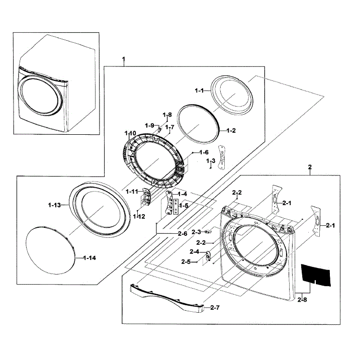 Front / Door Assembly Diagram and Parts List for DV511AGW XAA-02 Samsung Dryer