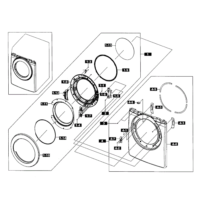 Front / Door Assembly Diagram and Parts List for DV365GTBGWR A3-01 Samsung Dryer