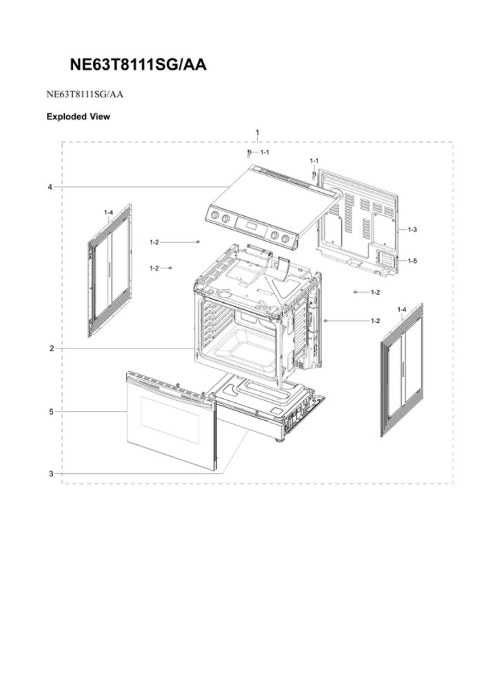 Main Assembly Diagram and Parts List for NE63T8111SG AA-00 Samsung Range