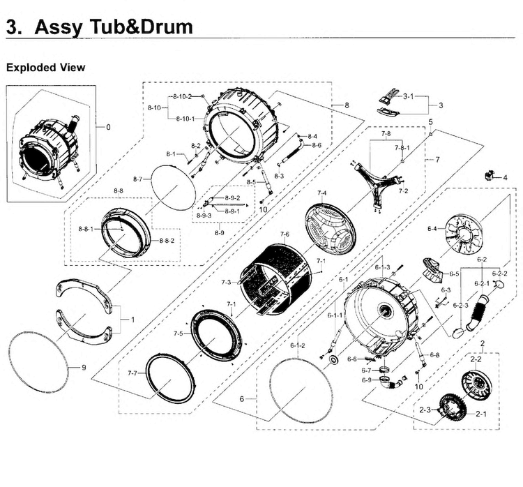 Tub & Drum Diagram and Parts List for WF419AAW XAA-0002 Samsung Washer