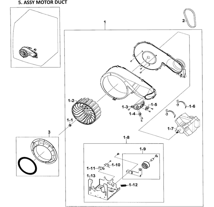 Motor Duct Diagram and Parts List for DV218AEW XAA-0001 Samsung Dryer
