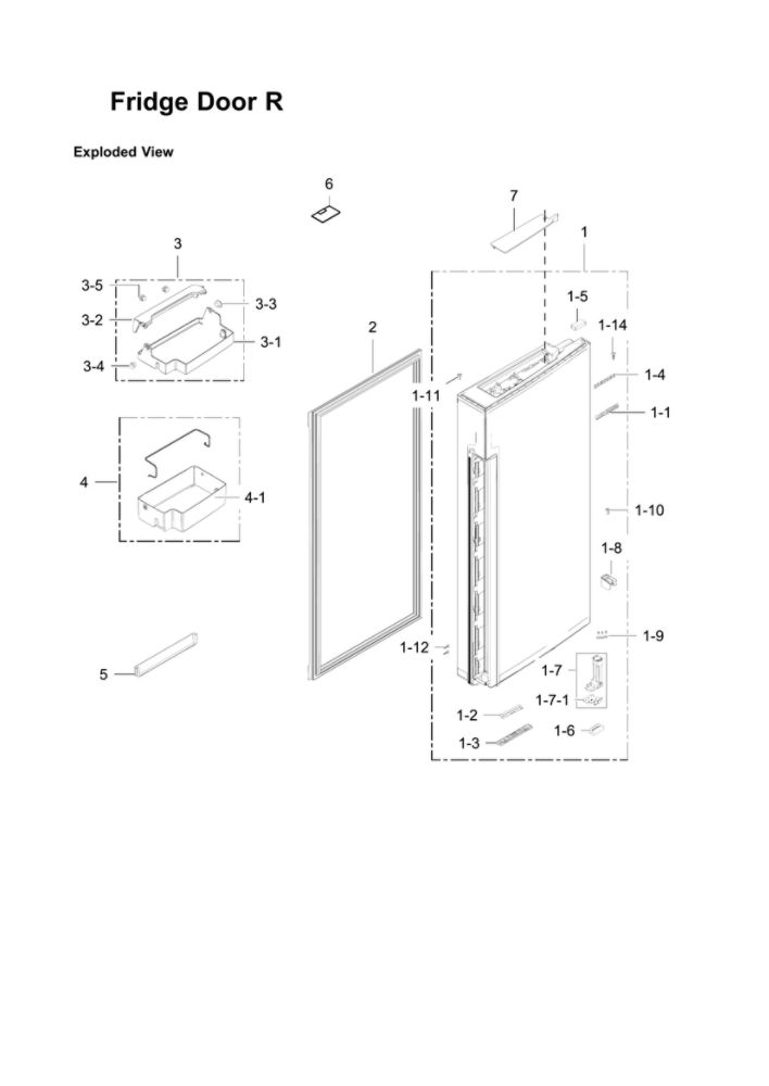 Right Refrigerator Door Parts Diagram and Parts List for RF24J9960S4 AA-05 Samsung Refrigerator
