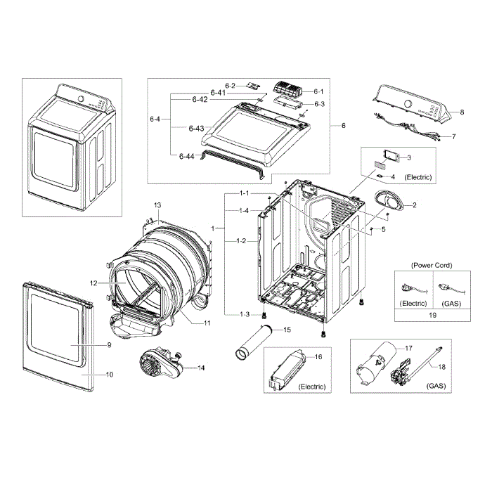 Main Assembly Diagram and Parts List for DV422EWHDWR AA-00 Samsung Dryer