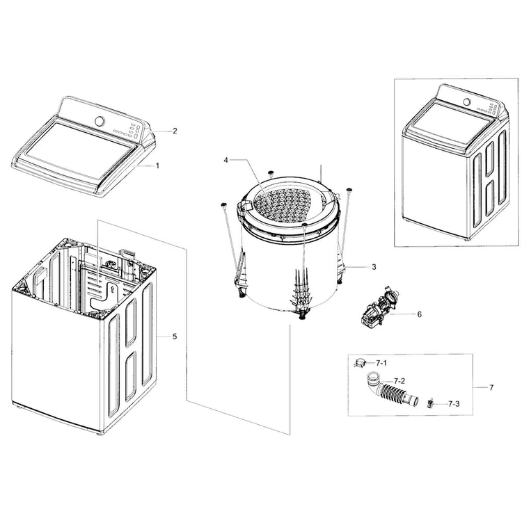 Main Asy Diagram and Parts List for WA48J7700AW A2-0001 Samsung Washer