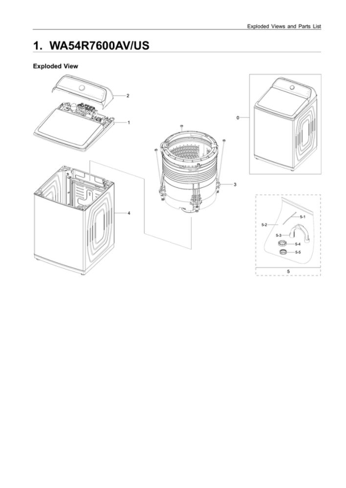 Main Unit Diagram and Parts List for WA54R7600AV US-00 Samsung Washer