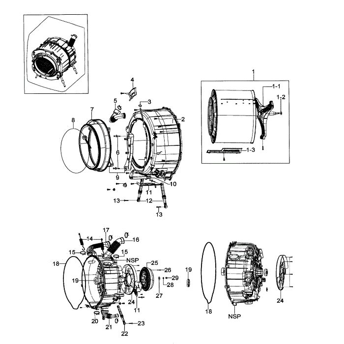 Drum Assembly Diagram and Parts List for WF306LAW XAA-00 Samsung Washer