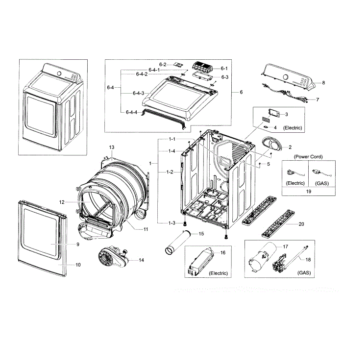 Main Assembly Diagram and Parts List for DV52J8700GW A2-00 Samsung Dryer