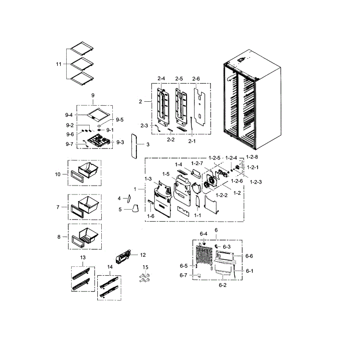 Refrigerator Diagram and Parts List for RS25H5121BC AA-00 Samsung Refrigerator