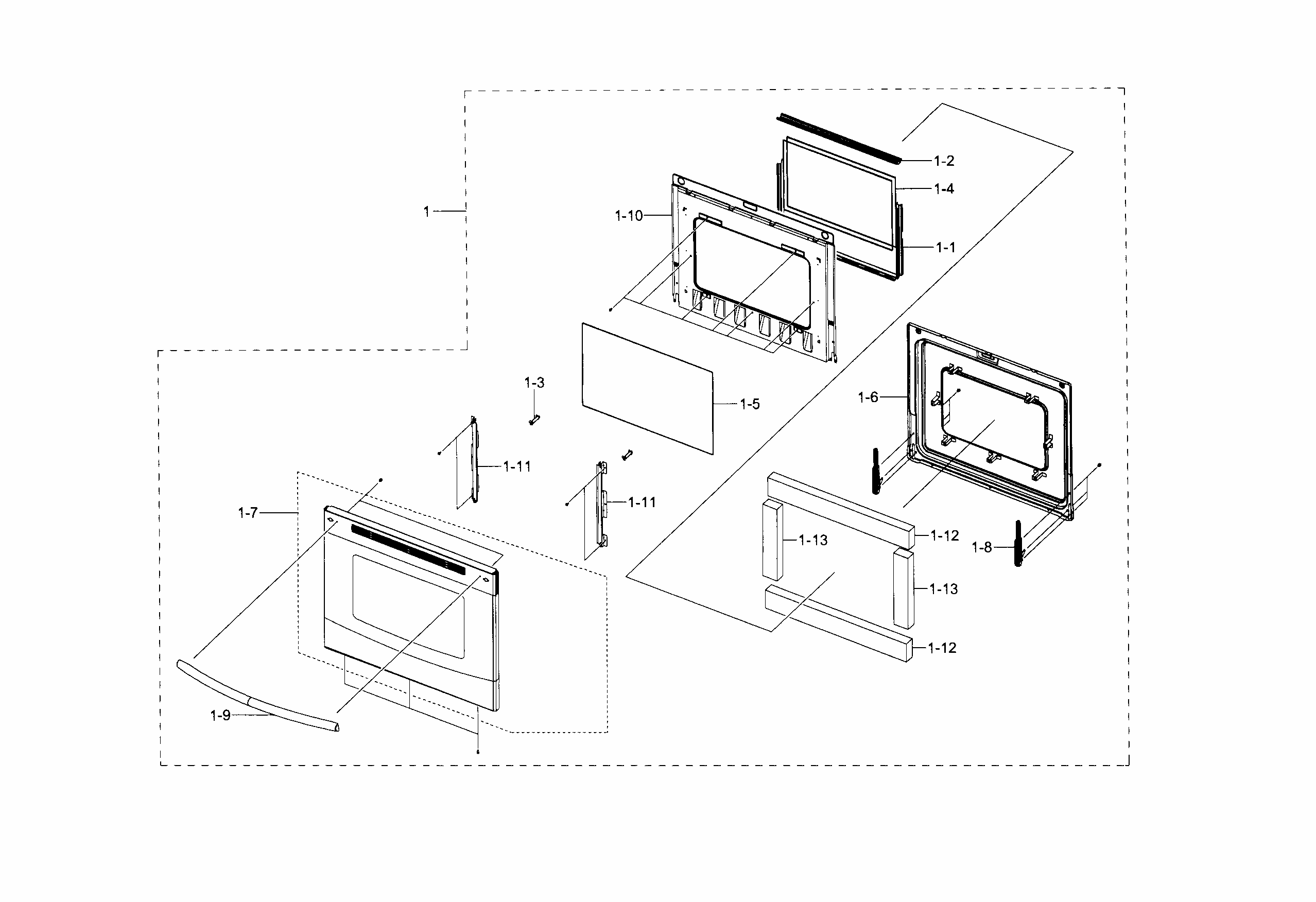 Door Diagram and Parts List for NE594R0ABSR AA-0001 Samsung Range