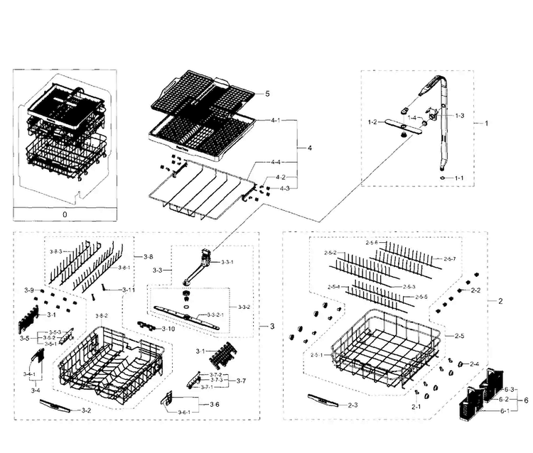 Baskets Diagram and Parts List for DW80H9950US AA-0001 Samsung Dishwasher