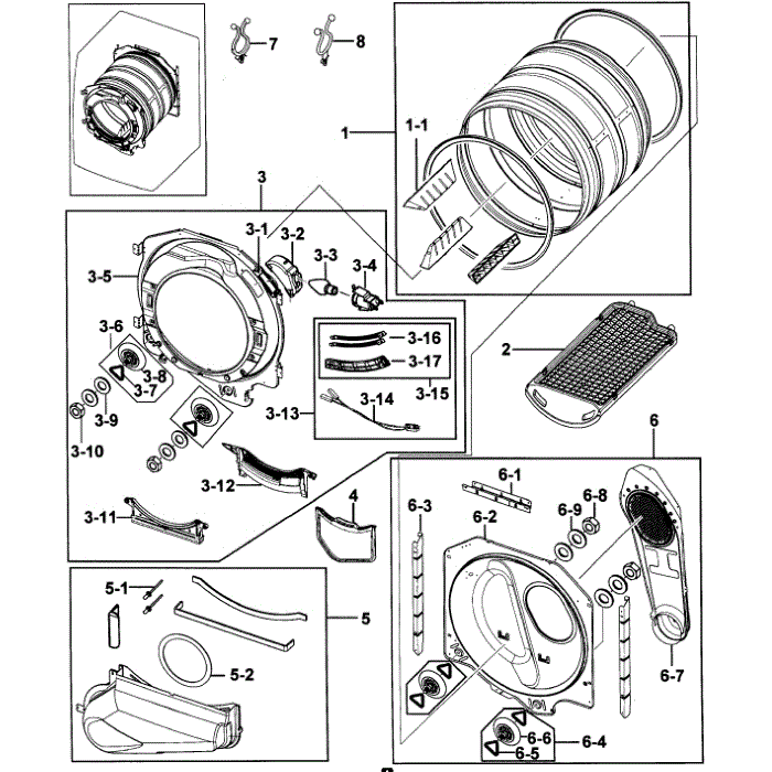 Drum Assembly Diagram and Parts List for DV218AGB XAA-00 Samsung Dryer