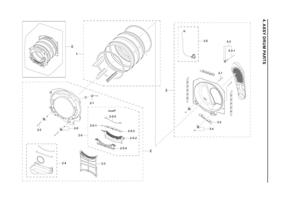 Drum Assembly Diagram and Parts List for DVE45A6400V A3-00 Samsung Dryer