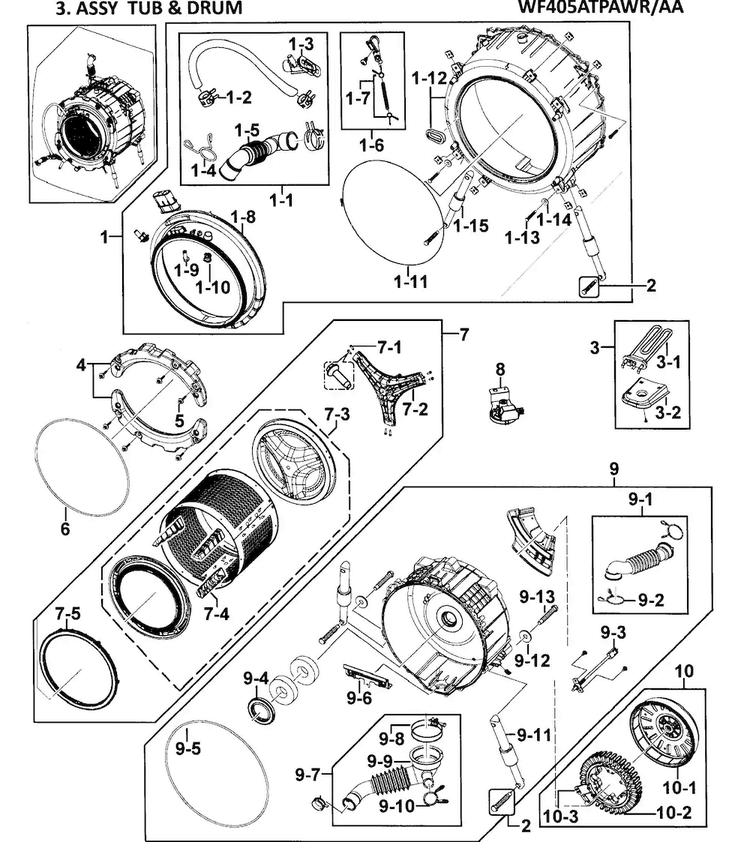 Tub Assy Diagram and Parts List for WF405ATPAWR AA-0000 Samsung Washer