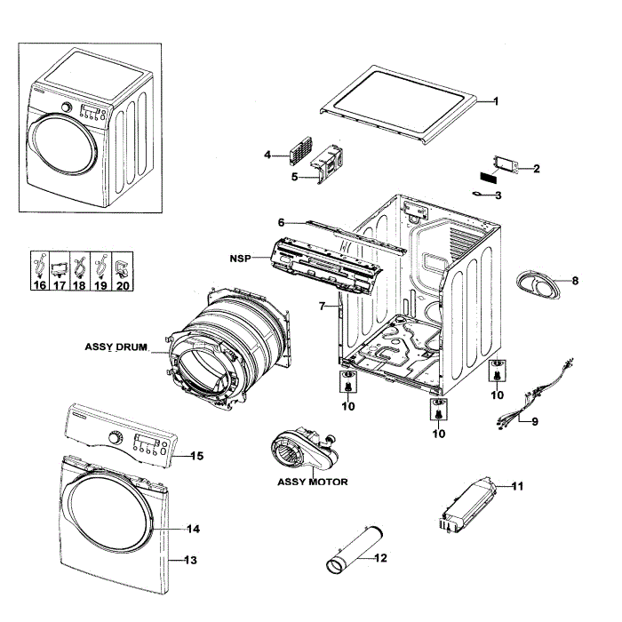 Main Assembly Diagram and Parts List for DV330AEB XAA-00 Samsung Dryer