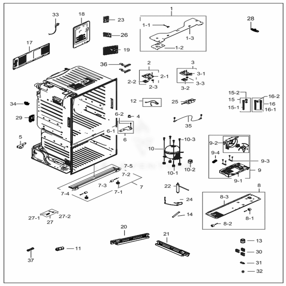 Cabinet Diagram and Parts List for RF28HFEDBSG (AA)(0001) Samsung Refrigerator