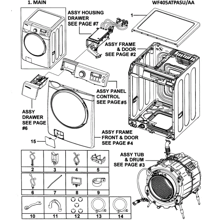 Main Assembly Diagram and Parts List for WF405ATPASU AA-00 Samsung Washer