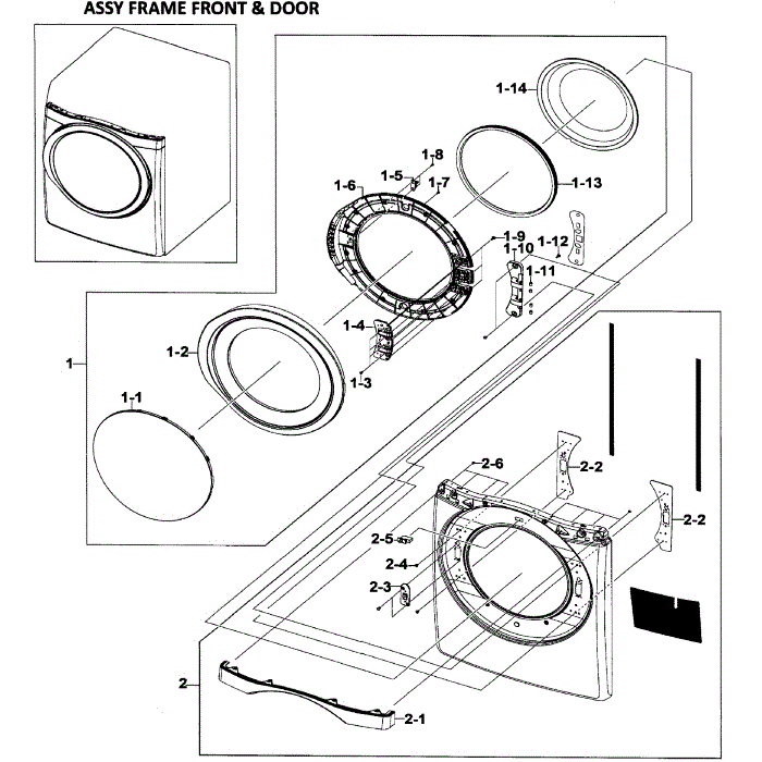 Front / Door Assembly Diagram and Parts List for DV520AEW XAA-02 Samsung Dryer