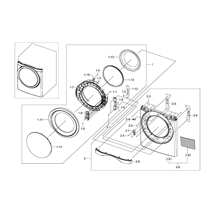 Frame Front And Door Diagram and Parts List for DV457EVGSGR AA-00 Samsung Dryer