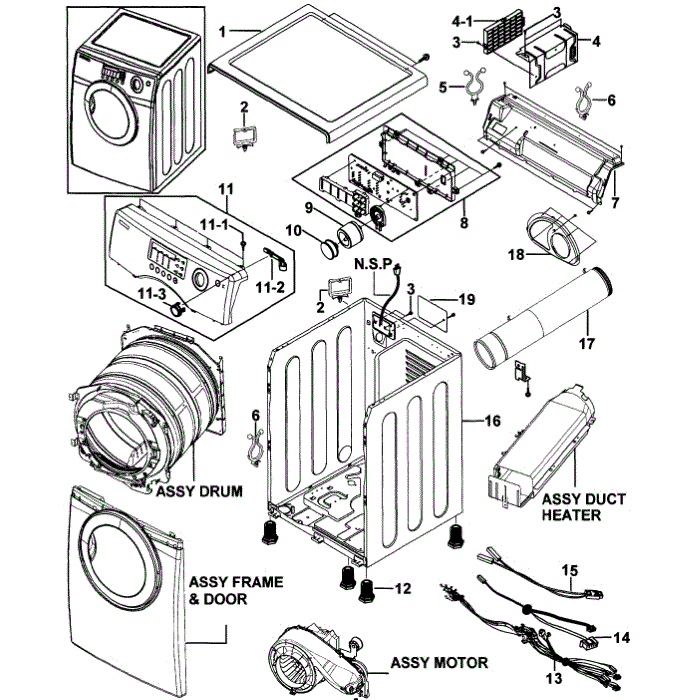 Main Assembly Diagram and Parts List for DV317AEG XAA-00 Samsung Dryer