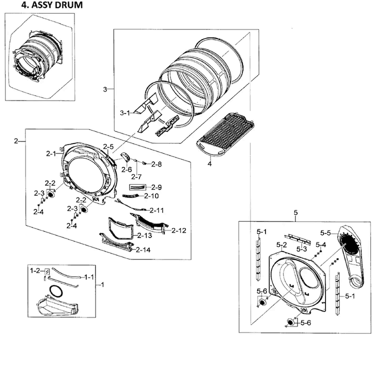 Drum Assy Diagram and Parts List for DV448AGW XAA-0001 Samsung Dryer