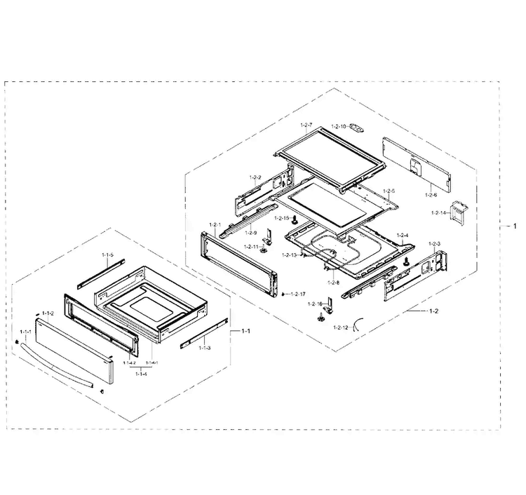 Drawer Section Diagram and Parts List for NE59J7850WG AA-0003 Samsung Range