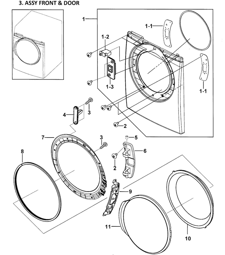 Front Assy Diagram and Parts List for DV337AER XAA-0000 Samsung Dryer