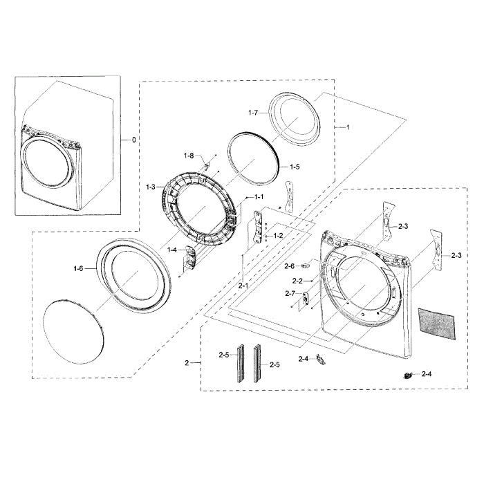 Frame Front And Door Diagram and Parts List for DV42H5400GF A3-00 Samsung Dryer