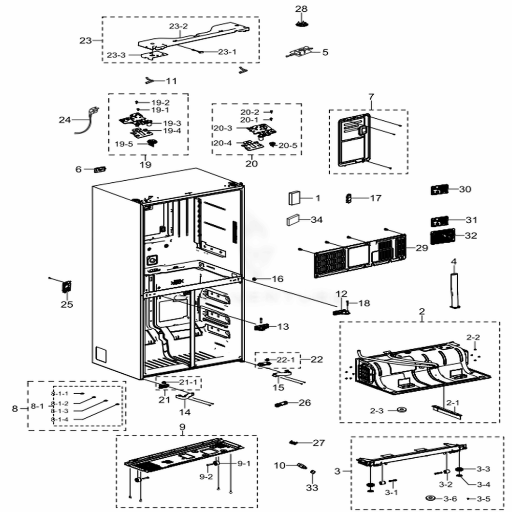Cabinet 1 Diagram and Parts List for RF23J9011SR (AA)(0011) Samsung Refrigerator