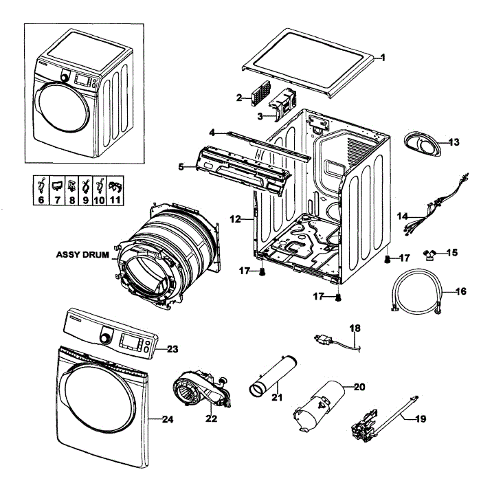 Main Assembly Diagram and Parts List for DV419AGU XAA-01 Samsung Dryer