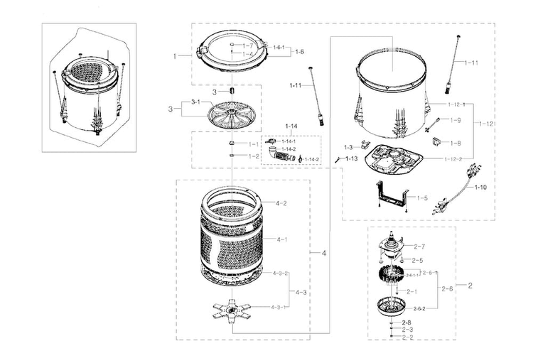 Tub Parts Diagram and Parts List for WA422PRHDWR AA-0002 Samsung Washer