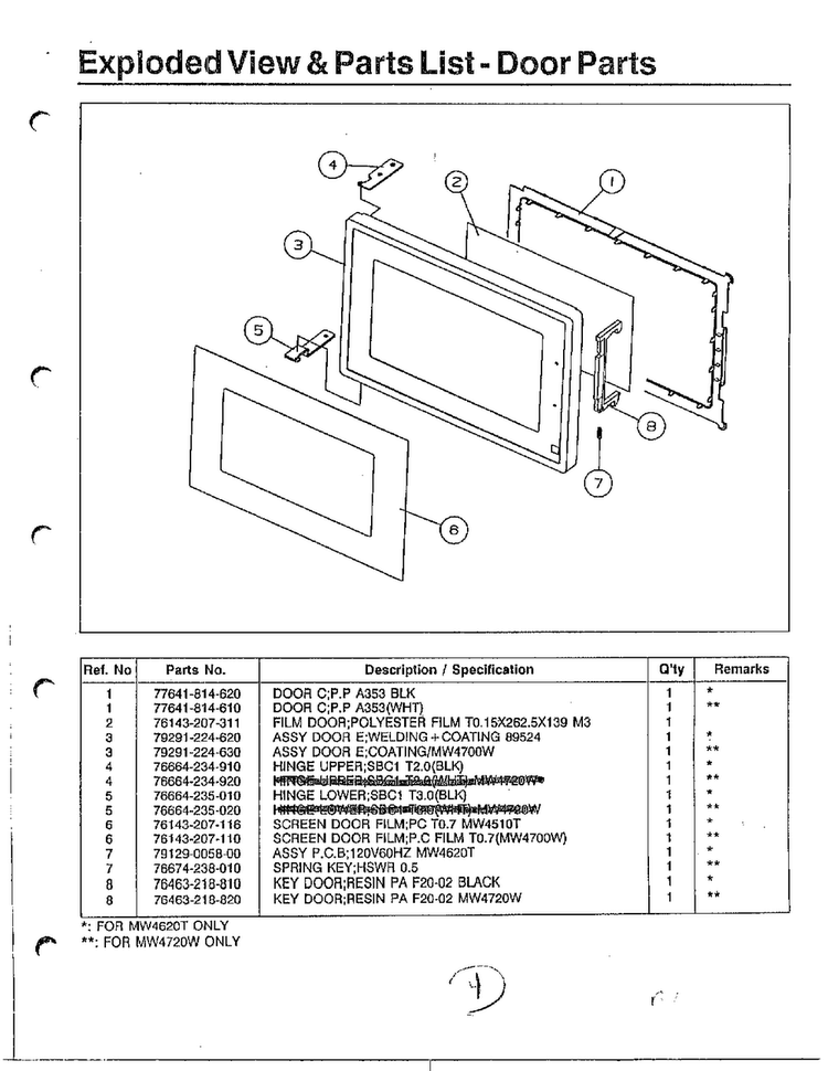 Exploded View & Parts List-door Parts Diagram and Parts List for MW4620T XAA Samsung Microwave