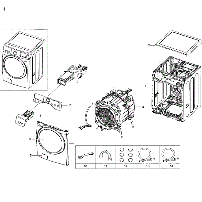 Main Assembly Diagram and Parts List for WF42H5200AF A2-01 Samsung Washer
