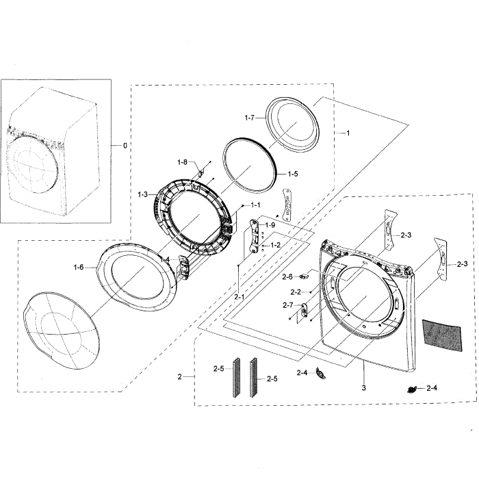 Frame Front And Door Diagram and Parts List for DV50K7500GW A3-01 Samsung Dryer