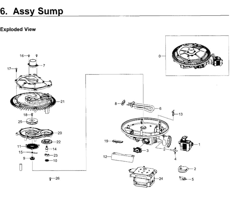Sump Diagram and Parts List for DW80K5050US AA-0000 Samsung Dishwasher