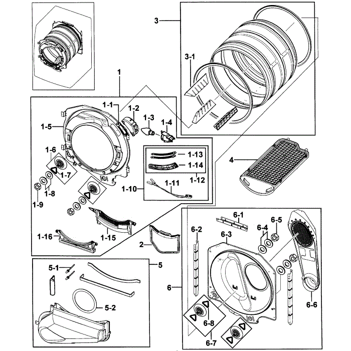 Drum Assembly Diagram and Parts List for DV328AGG XAA-00 Samsung Dryer