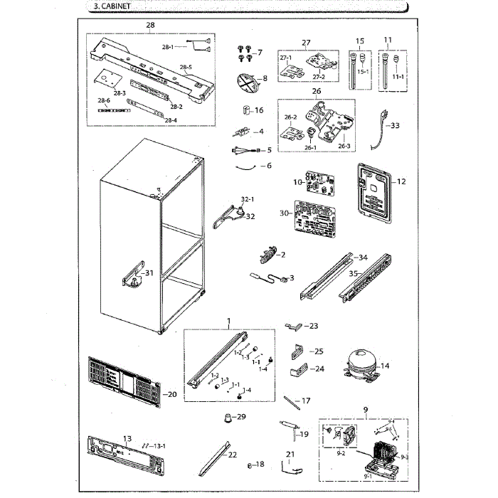 Cabinet Diagram and Parts List for RF260BEAESG AA-00 Samsung Refrigerator