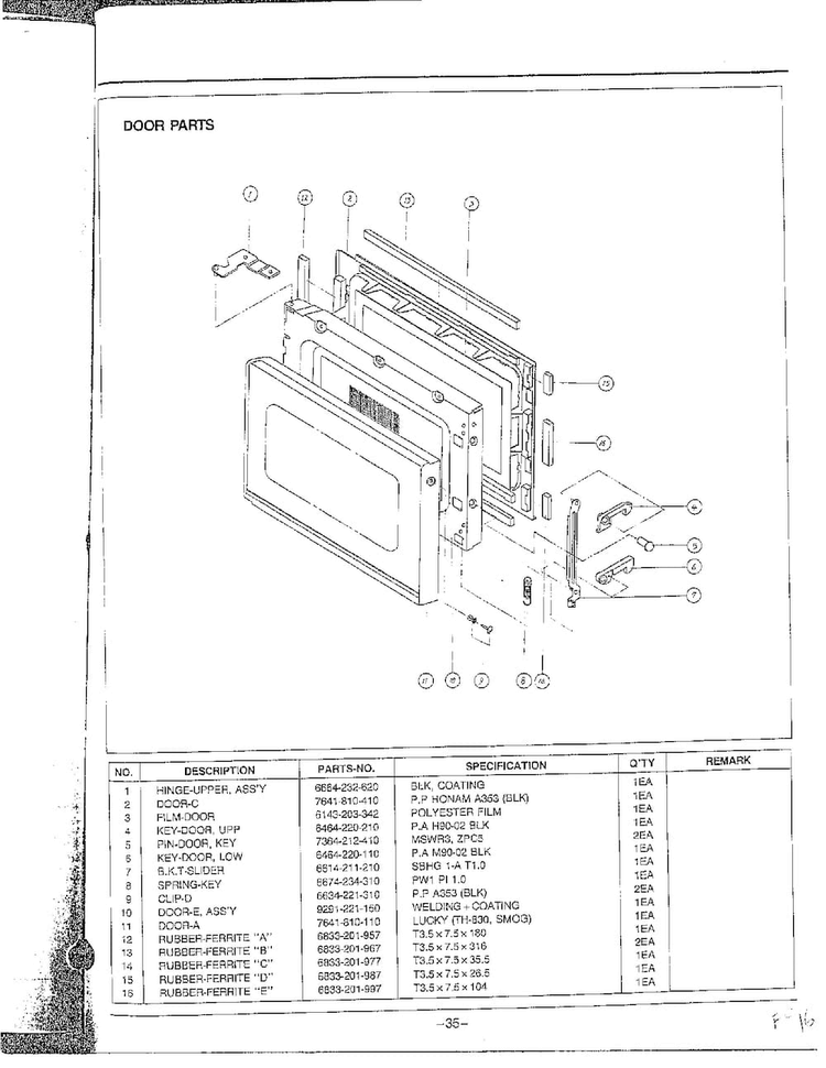 Door Parts Diagram and Parts List for MW6350W XAA Samsung Microwave