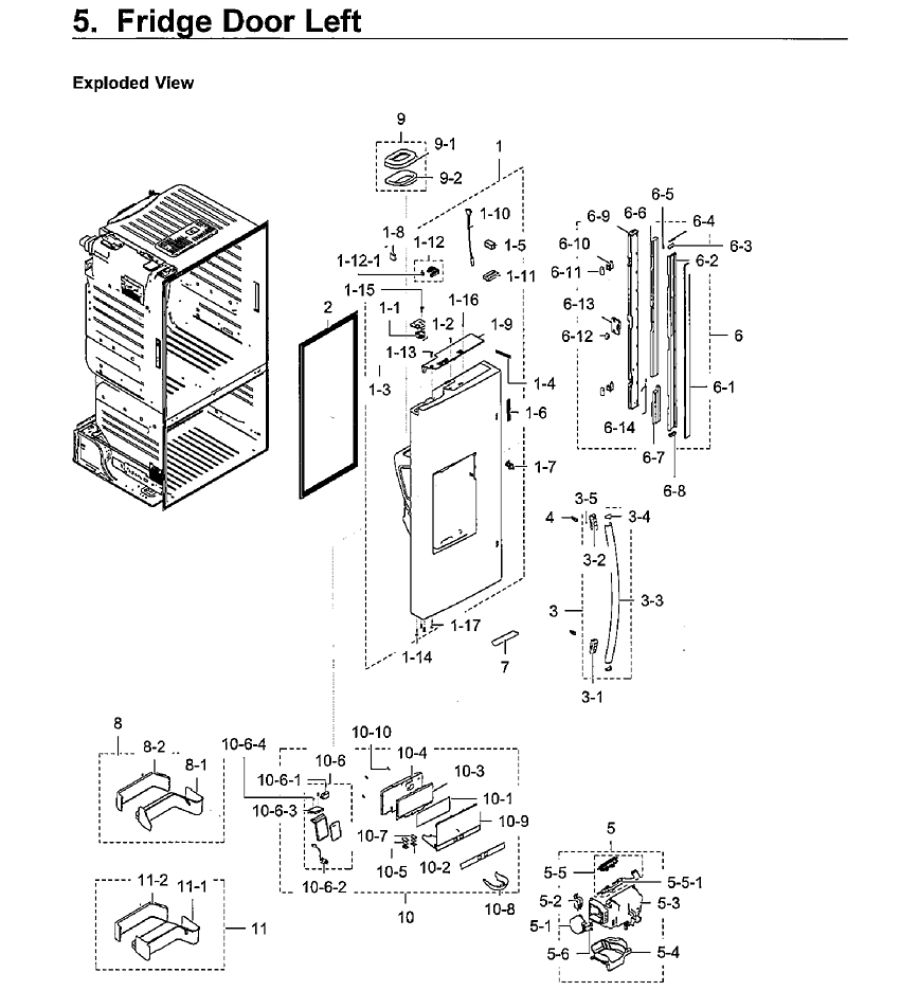 Fridge Left Door Diagram and Parts List for RF28HFEDBWW AA-10 Samsung Refrigerator